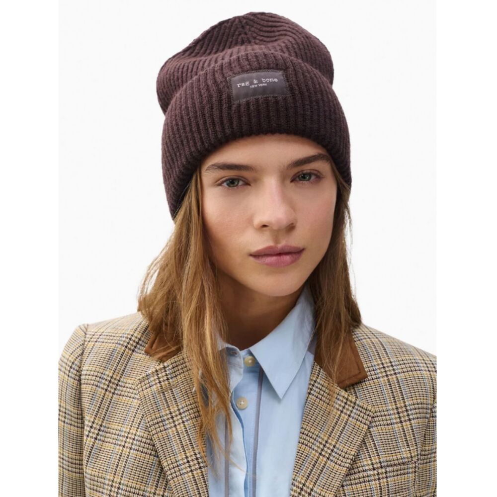 Rag & Bone Blake Ribbed Merino Wool Beanie Chocolate Brown Quiet Luxury Sz OS